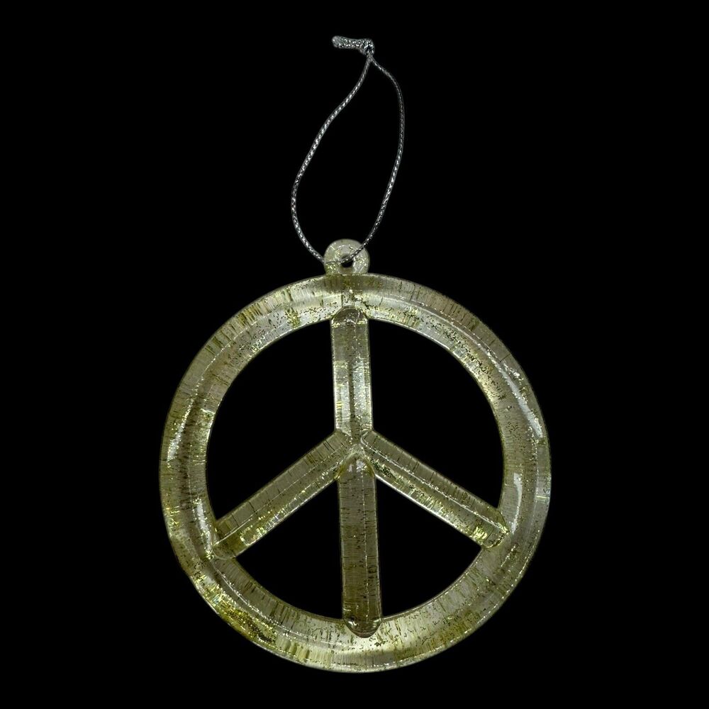 Gold Glitter Resin Peace Sign Symbol Christmas Ornament Retro Flower Power 3.5" - Picture 2 of 4